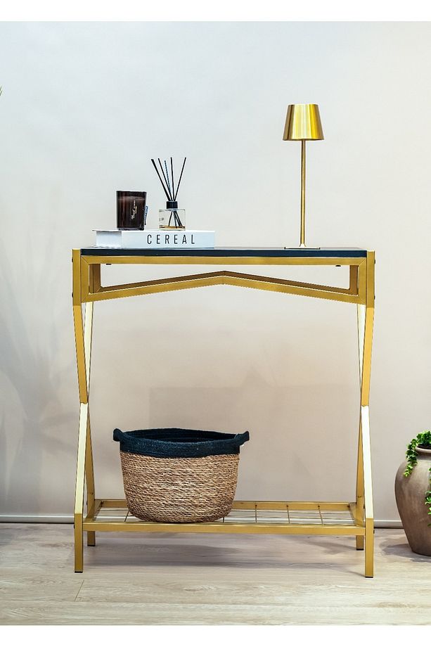 Gold Dresuar Ahşap Raflı Metal Dekoratif Stand Çok Amaçlı Salon ve Hol Rafı - 3