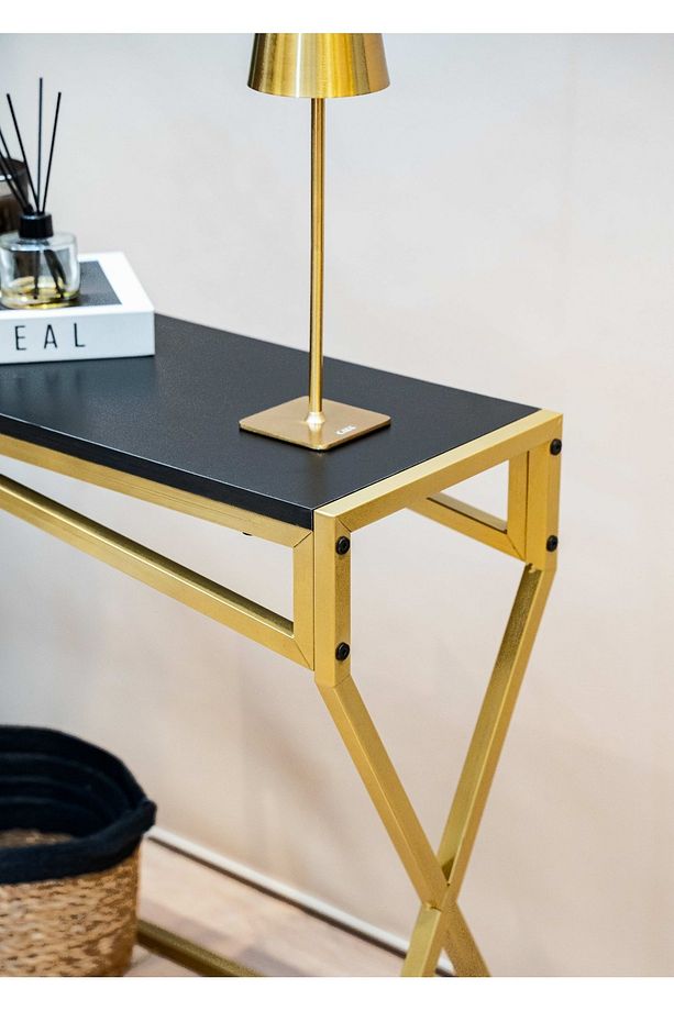 Gold Dresuar Ahşap Raflı Metal Dekoratif Stand Çok Amaçlı Salon ve Hol Rafı - 2