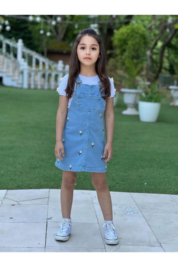 Girls' Floral Embroidered Denim Pinafore Dress and White T-Shirt Set