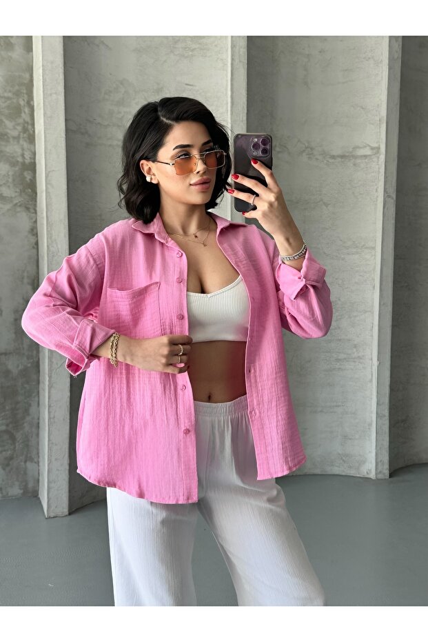 Women's Pink Muslin Fabric Oversize Shirt