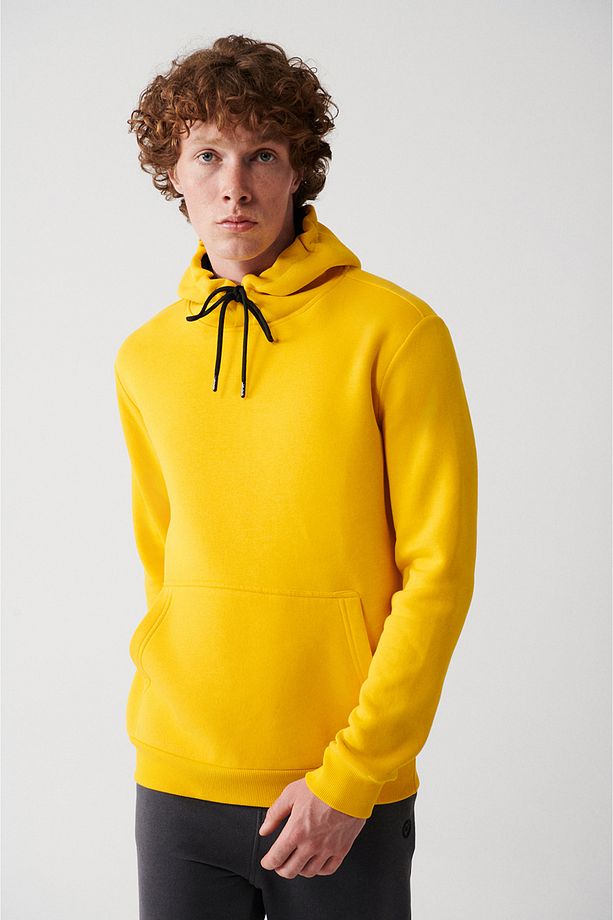 Erkek Sarı Kapüşonlu 3 Iplik Şardonlu Pamuklu Sweatshirt E001018 - 5