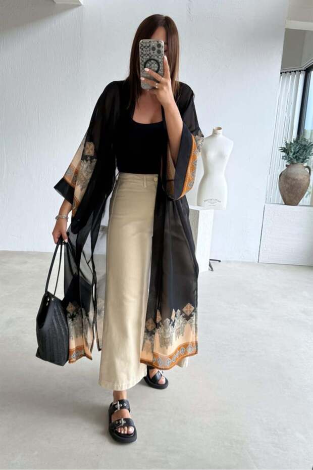 Belted Patterned Kimono - 1