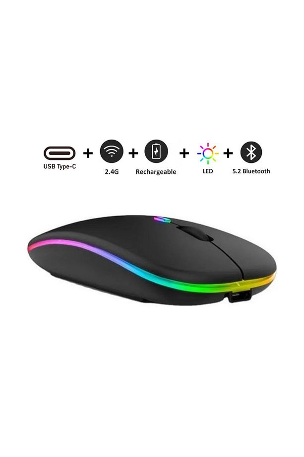 Kablosuz Fare Wireless Mouse, Bluetooth 5.2, Şarjlı, Ergonomik, Type-c, 800/1200/1600 Dpı, Led Işık - 2