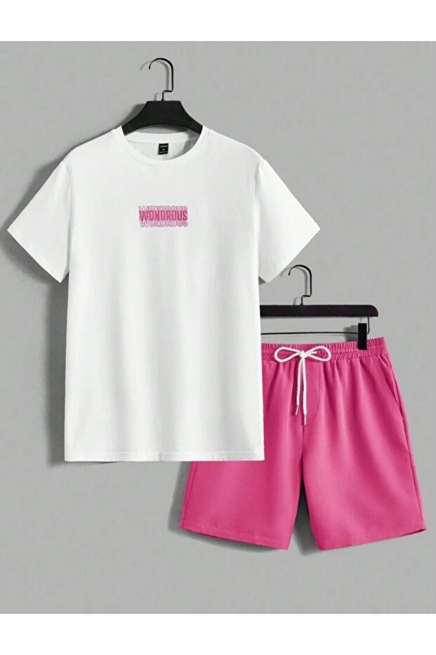 White Pink Wondrous Printed Bottom Top Shorts T-Shirt Set