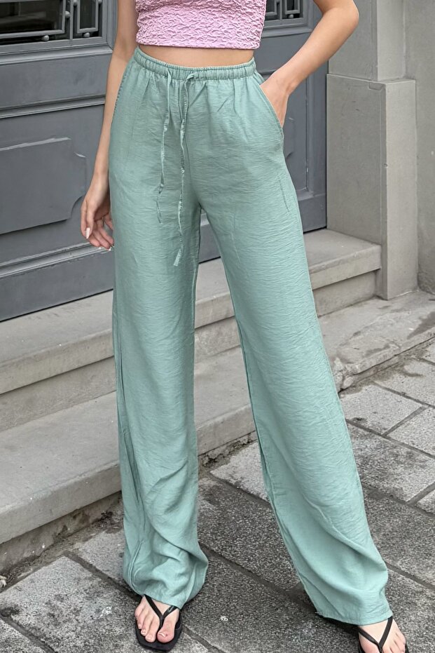 Nile Green Linen Blended Loose Cut Trousers