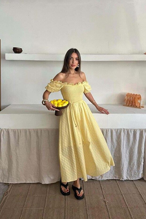 Sarı Gipeli Brode Elbise - 3