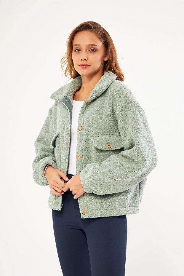 Sherpa Cardigan Pocket Detailed Buttoned Mint - Cecila