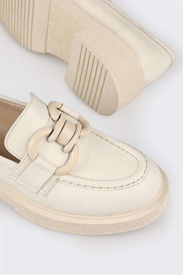 Bej Deri Kadın Loafer - 5