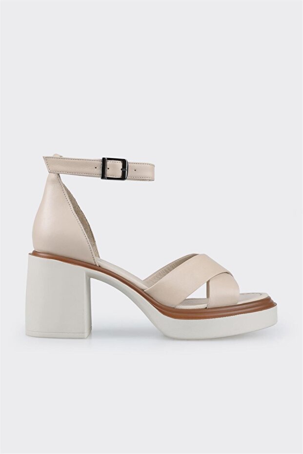 Ecru Leather Women's Heeled Sandals