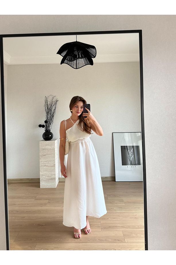 Beli Lastikli Tek Omuz Midi Elbise Ekru - 3