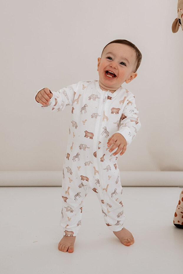 0.3 Tog Zippered Jumpsuit Without Booties - Pureline Series - Cute Animals