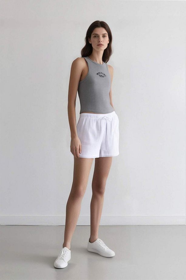 Relax Fit Yüksek Bel Kısa Paça Beyaz Müslin Şort D0567AX25SM - 3