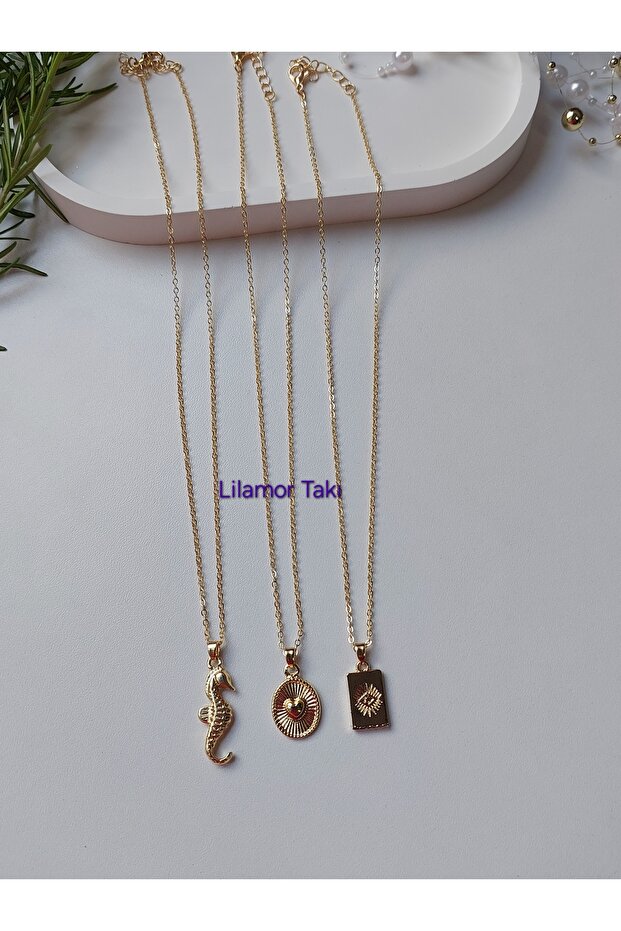 3-Piece Charm Necklace, 3-Piece Necklace Set, Seahorse, Heart, Eye Combination Necklace