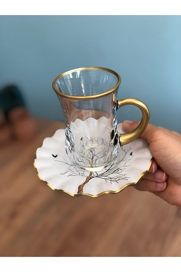Ağaç Desenli Kıvrımlı 12 Parça Çay Seti 6 Kişilik (KULPLU BARDAK) - 3