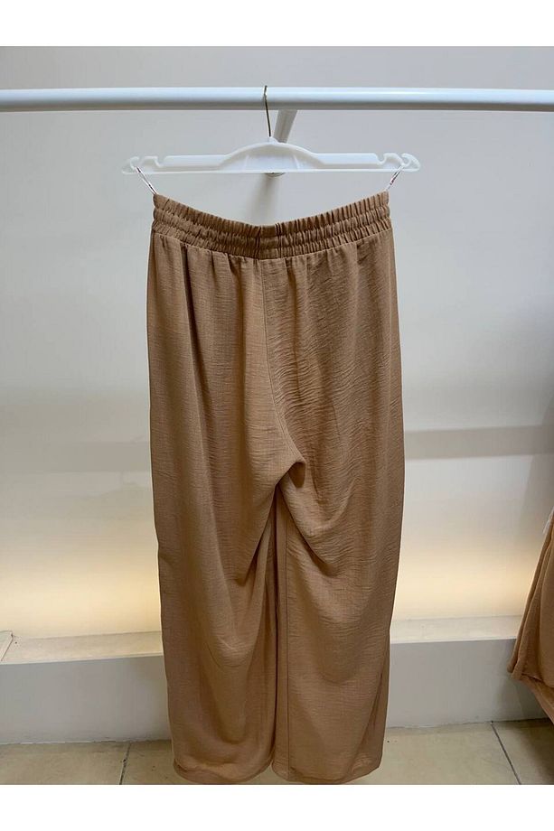 Kadın Yazlık Koyu Bej Geniş Paça Pantolon - 5