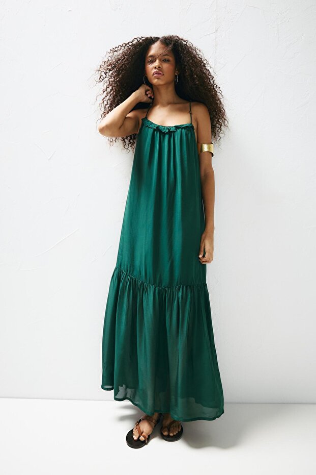 Boncuklu askılı midi elbise - 1