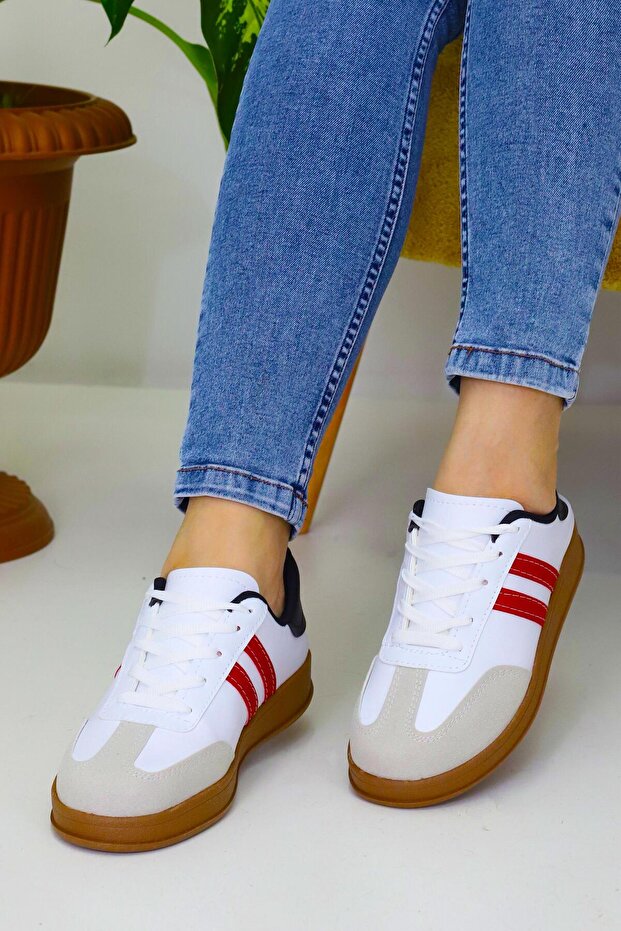 Unisex Kırmızı 2 Şeritli Kahve Tabanlı Günlük Spor Ayakkabı WSB4072 - 2