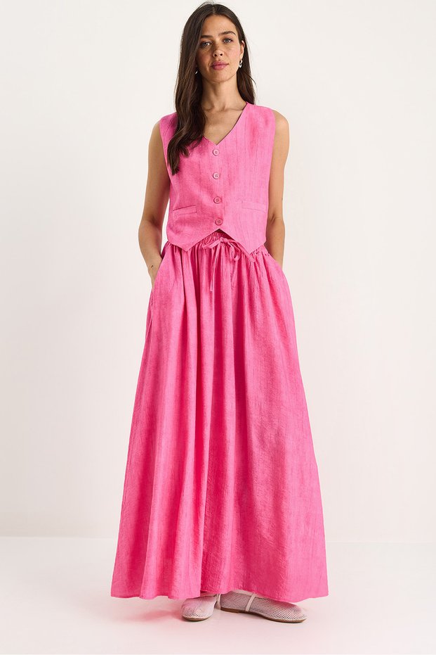 Women's Fuchsia Vest and Pocket Detailed Flared Skirt Set 9294 60281004