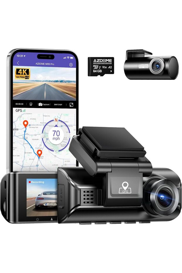 كاميرا قيادة M550 Pro بدقة 4K أمامية وخلفية مع بطاقة 64 جيجابايت