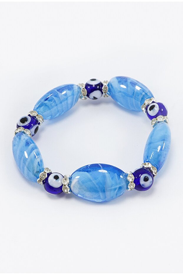 Baby Blue Flat Beaded Bracelet, Gift Handmade Glass Evil Eye Beaded Bracelet