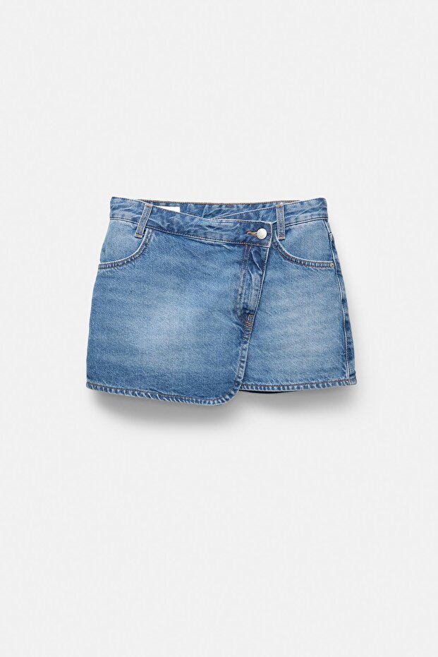 Çapraz denim mini etek - 6