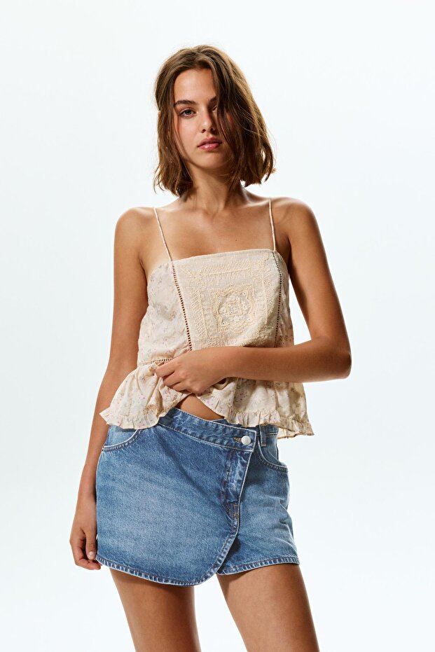 Çapraz denim mini etek - 2