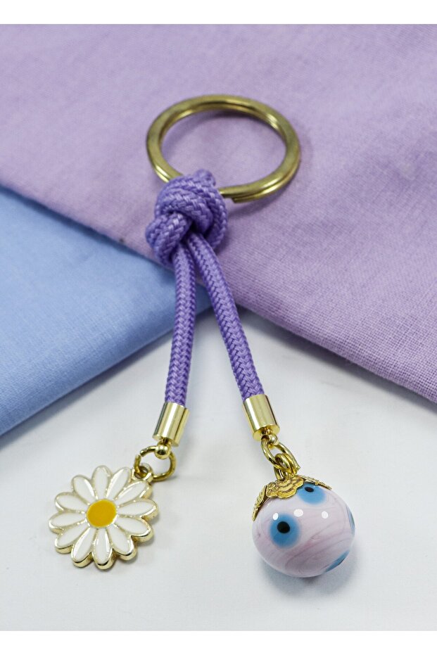 Purple Glass Evil Eye Beaded Daisy Keychain, Gift Glass Beaded Bag Ornament