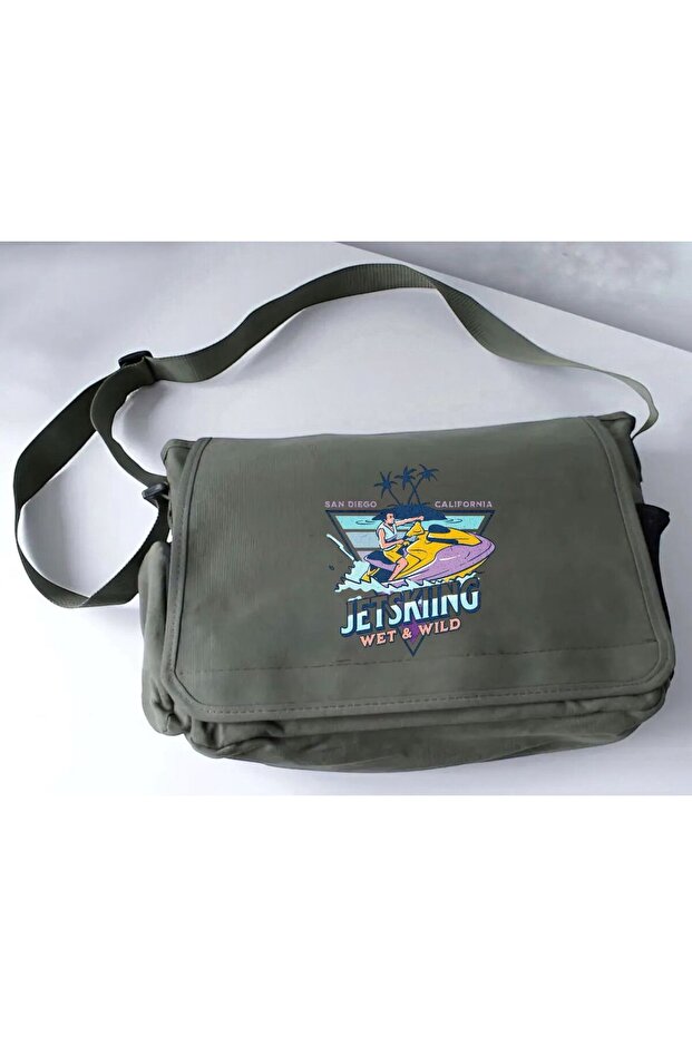 Khaki San Diego California Jetskiing Printed School, Course, Dershane Messenger Bag