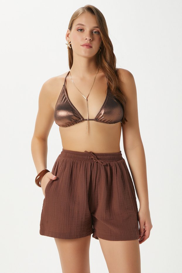 Women's Jamie 100% Cotton Muslin Brown Shorts with Elastic Waist