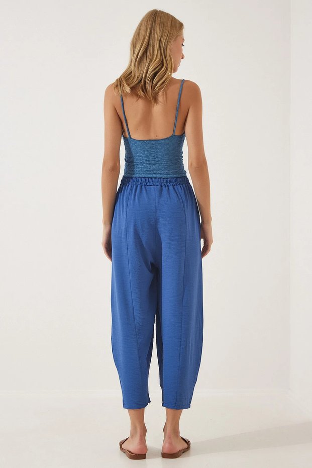 New Season Summer Thin Trousers with Elastic Waist High Waist Women's Blue Casual Pants