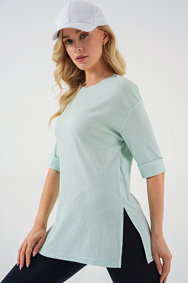4332 Yanı Yırtmaçlı Örme Tişört - Mint - 3