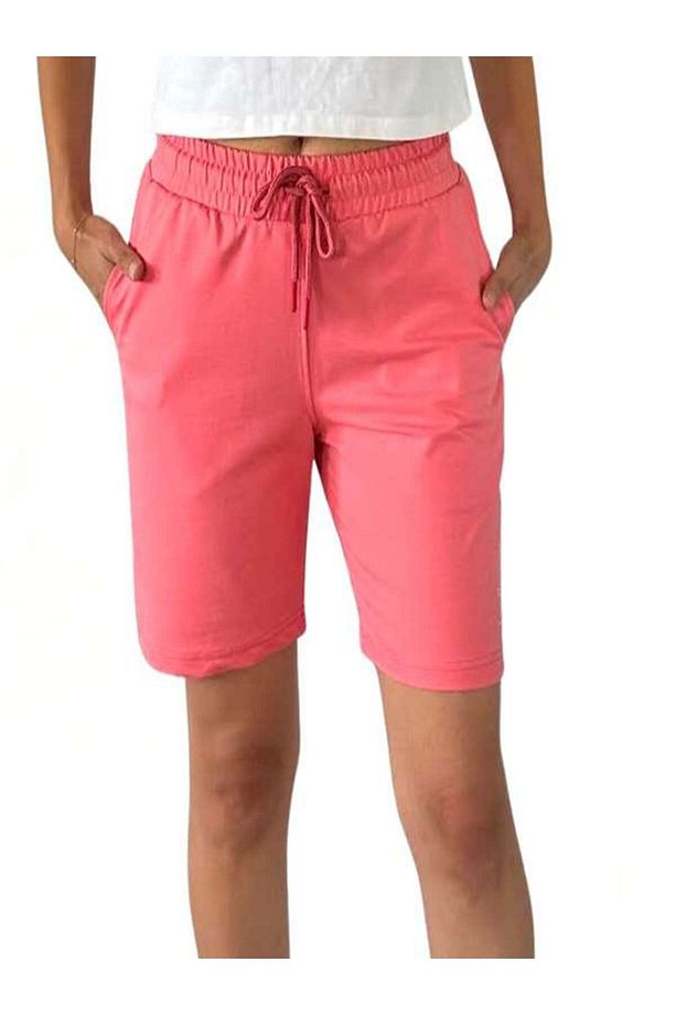 Unisex Beli Bağlamalı Pamuklu Cepli PEMBE Şort - 6