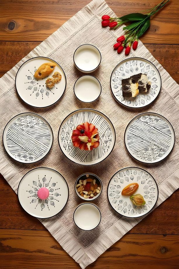 11 Parça Stackable 6 Kişilik Kahvaltı Takımı – Ayaklı Sunum Tabaklı Ethnical Desenli Set - 1