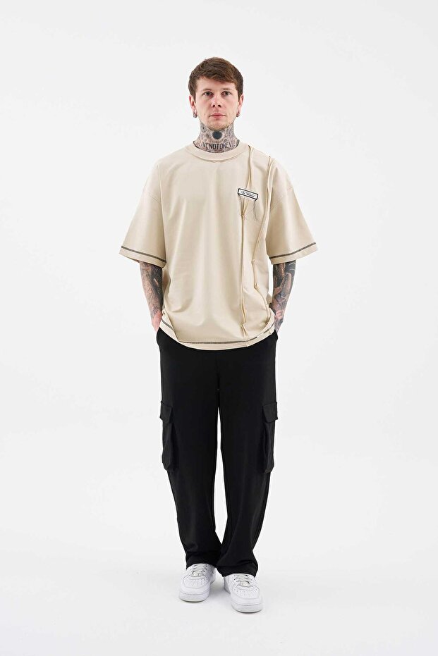 Erkek Stitch Detailed Split Oversize Soft Bej Tişört - 6