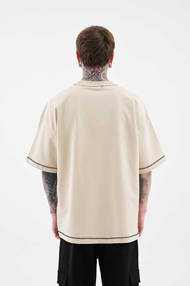 Erkek Stitch Detailed Split Oversize Soft Bej Tişört - 5