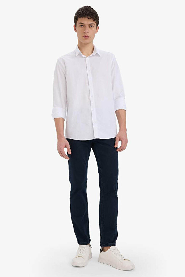 Regular Fit Polo Yaka Keten Yazlık Uzun Kollu Beyaz Gömlek E1729AX25SP - 2