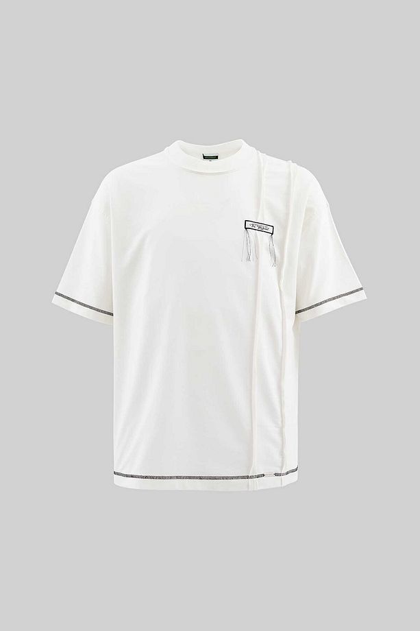 Erkek Stitch Detailed Split Oversize Ekru Tişört - 1