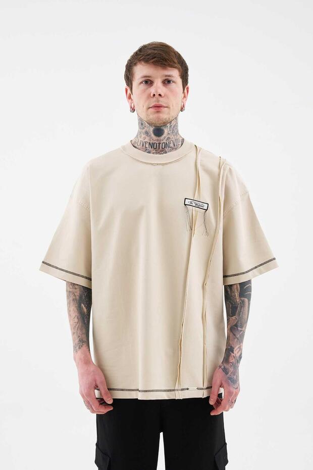 Erkek Stitch Detailed Split Oversize Soft Bej Tişört - 4