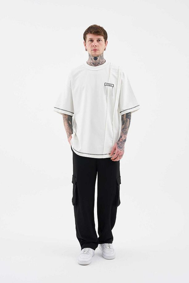 Erkek Stitch Detailed Split Oversize Ekru Tişört - 6