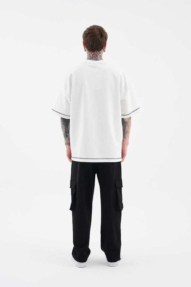 Erkek Stitch Detailed Split Oversize Ekru Tişört - 7