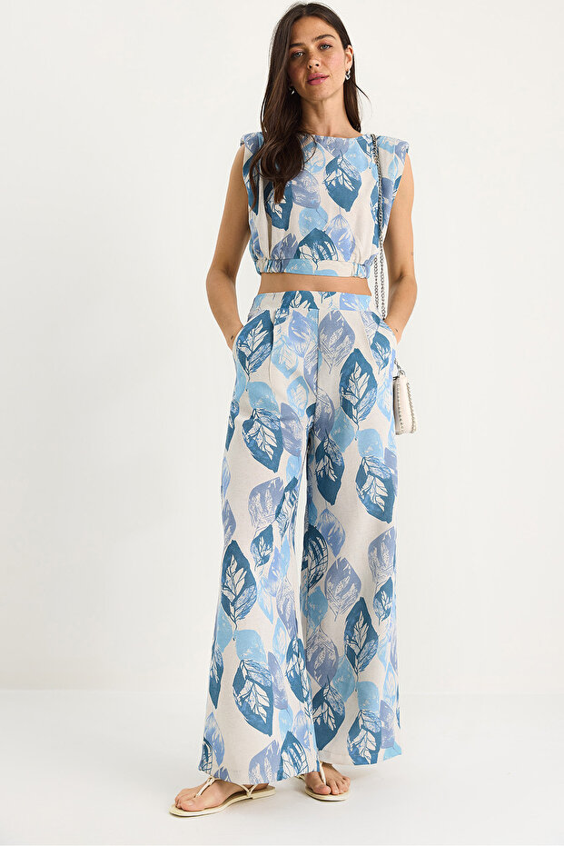Women's Blue Padded Elastic Waist Crop Blouse Loose Trousers Patterned Linen Bottom-Top Set 25-086 60283430