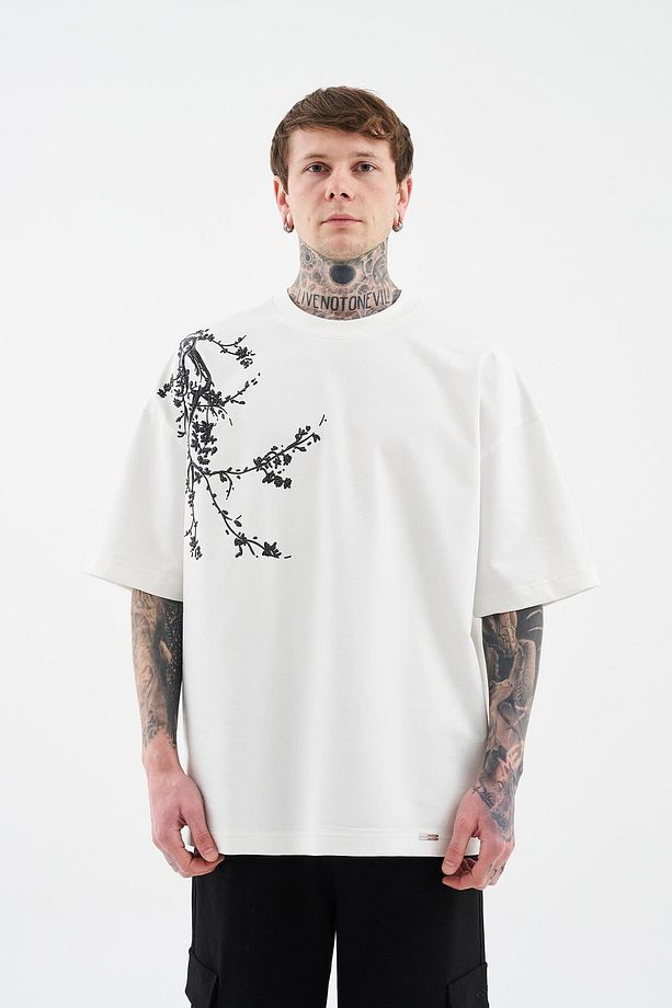 Erkek Floral 3D Printed Oversize Ekru Tişört - 5
