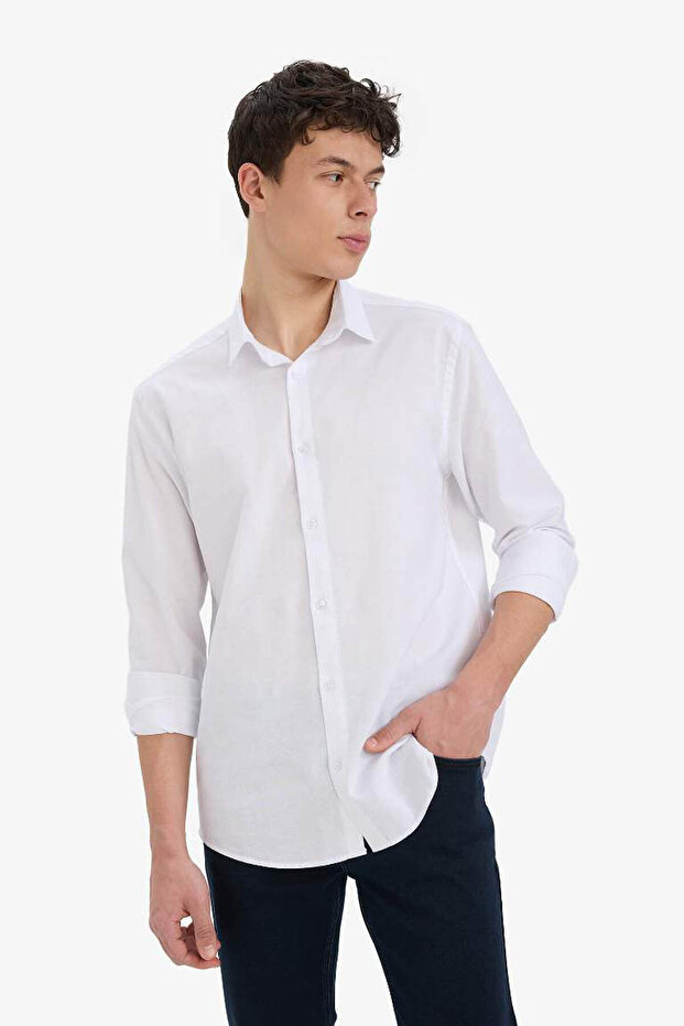 Regular Fit Polo Yaka Keten Yazlık Uzun Kollu Beyaz Gömlek E1729AX25SP - 3