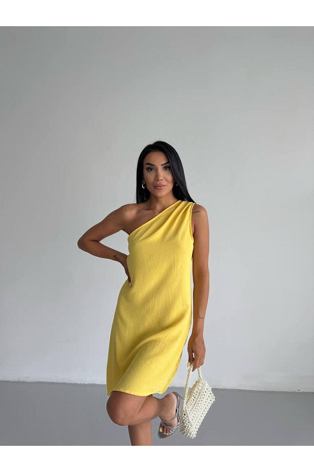 Tek Omuz Ayrobin Kumaş Yazlık Elbise - 3