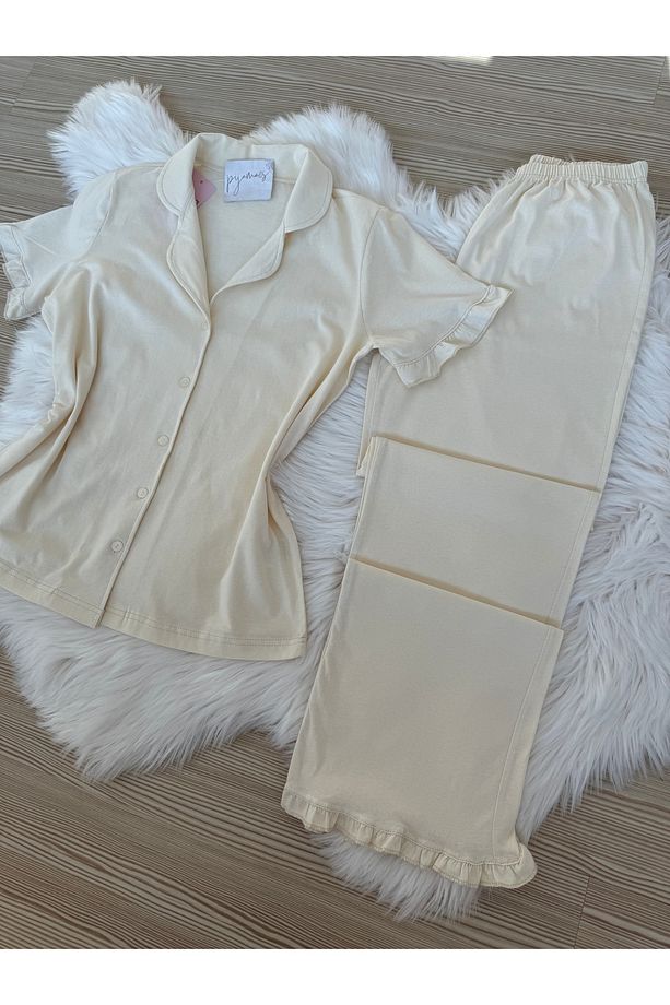 Ekru Pamuklu Kol ve Paça Fırfır Detaylı Kısa Kol Önden Düğmeli Pijama Takımı - 5