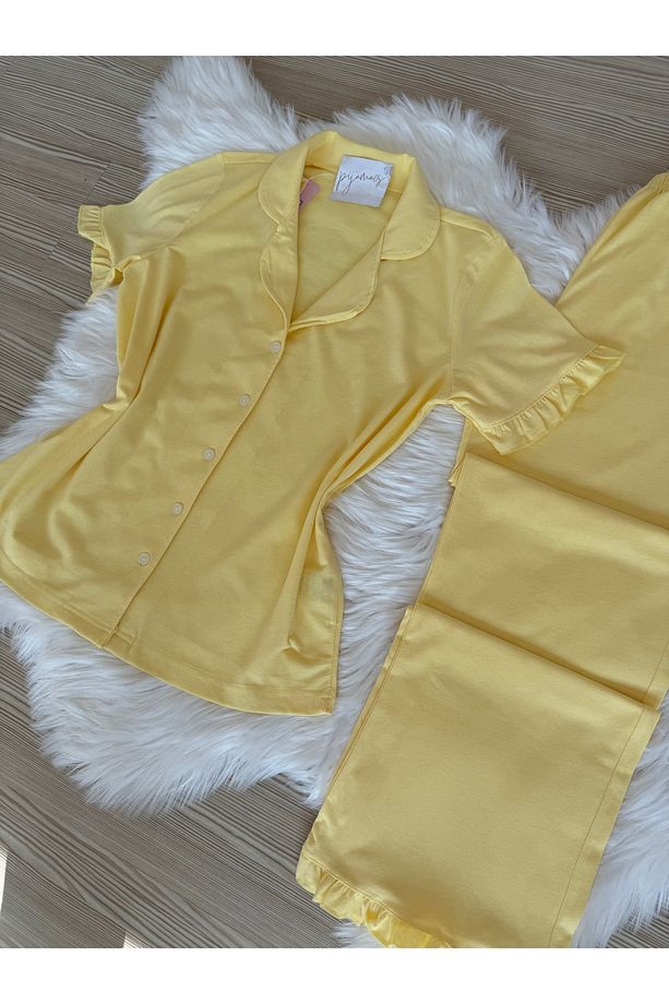 Sarı Pamuklu Kol ve Paça Fırfır Detaylı Kısa Kol Önden Düğmeli Pijama Takımı - 5