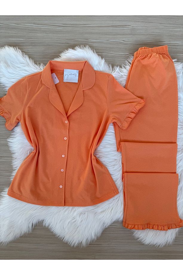 Turuncu Pamuklu Kol ve Paça Fırfır Detaylı Kısa Kol Önden Düğmeli Pijama Takımı - 1