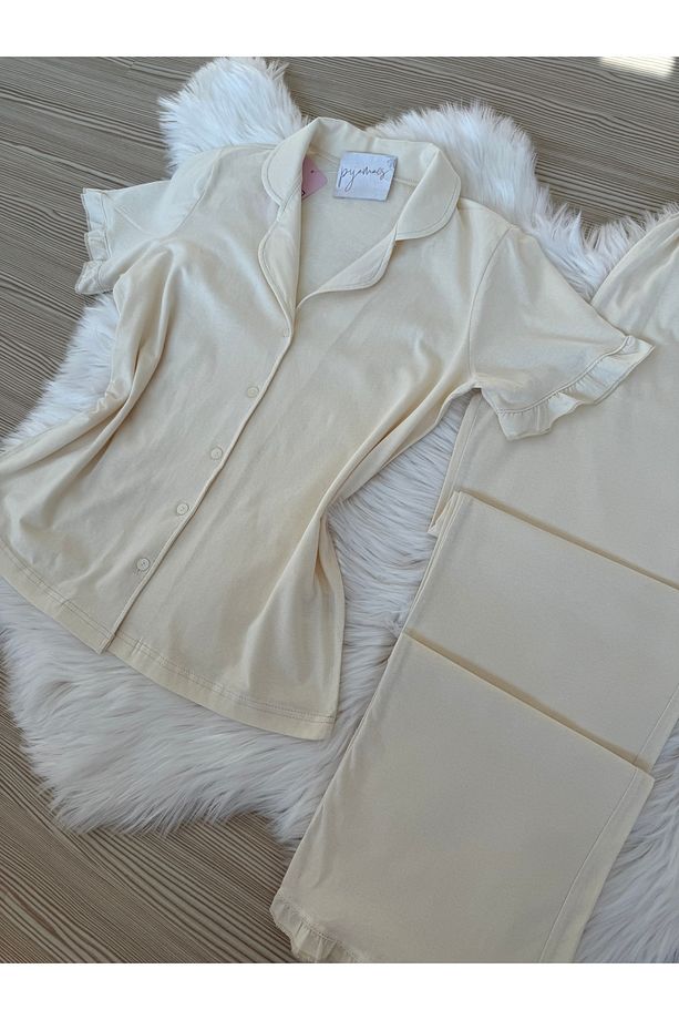 Ekru Pamuklu Kol ve Paça Fırfır Detaylı Kısa Kol Önden Düğmeli Pijama Takımı - 6