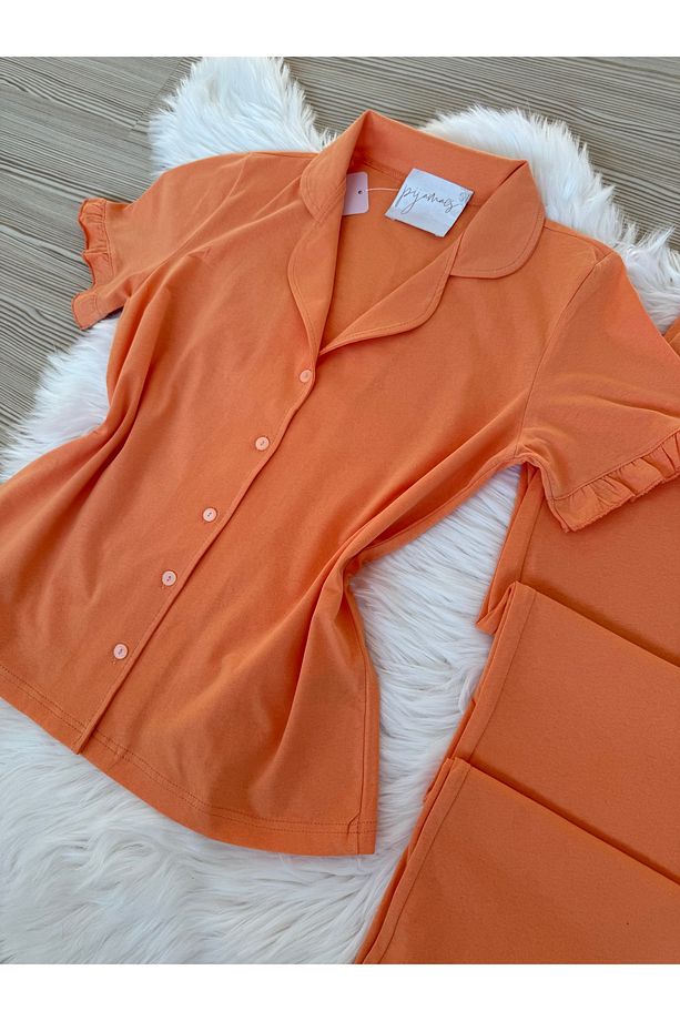 Turuncu Pamuklu Kol ve Paça Fırfır Detaylı Kısa Kol Önden Düğmeli Pijama Takımı - 8