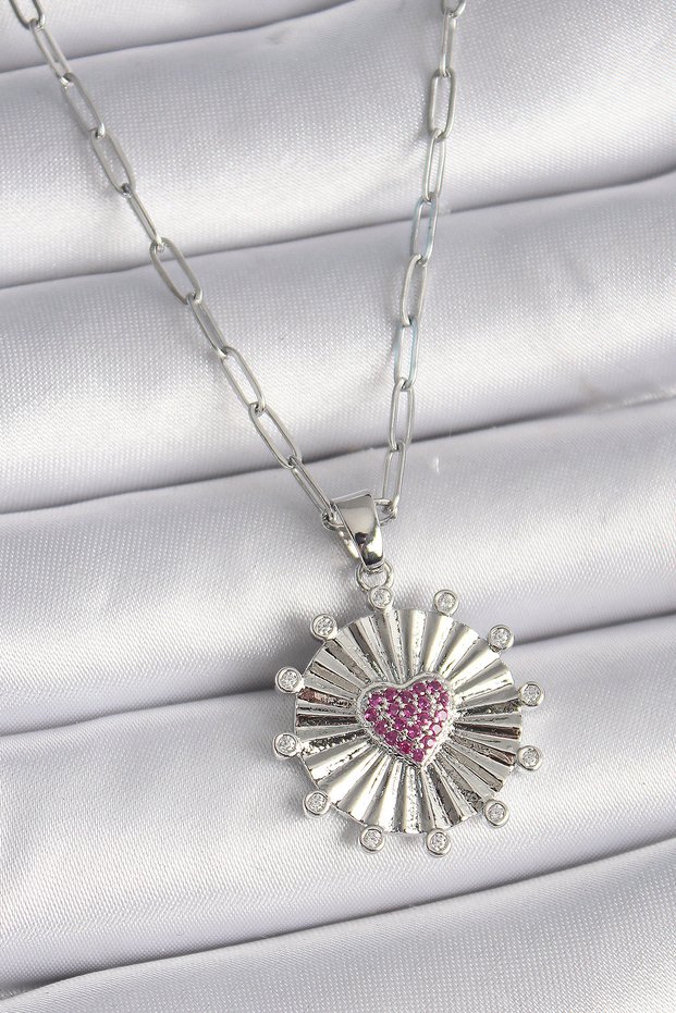 316L Steel Silver Color Pink Zircon Stone Heart Engraved Locket Model Women's Necklace - Tj-Bko9533